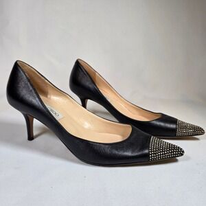 Jimmy Choo Black Leather Studded Cap Toe Pumps Women 38.5 Kitten Heel Italy